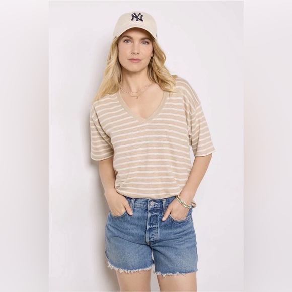 Faherty Oceanside Linen V-neck Tee Women Size SMALL Relaxed Hampton Stripe - Picture 3 of 10